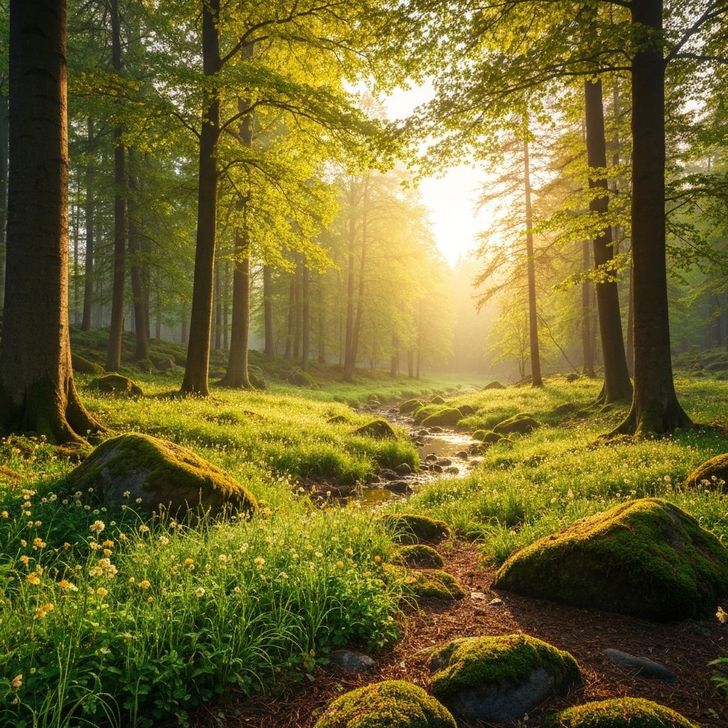 Peaceful forest scene with morning sunlight representing healing and growth in therapy