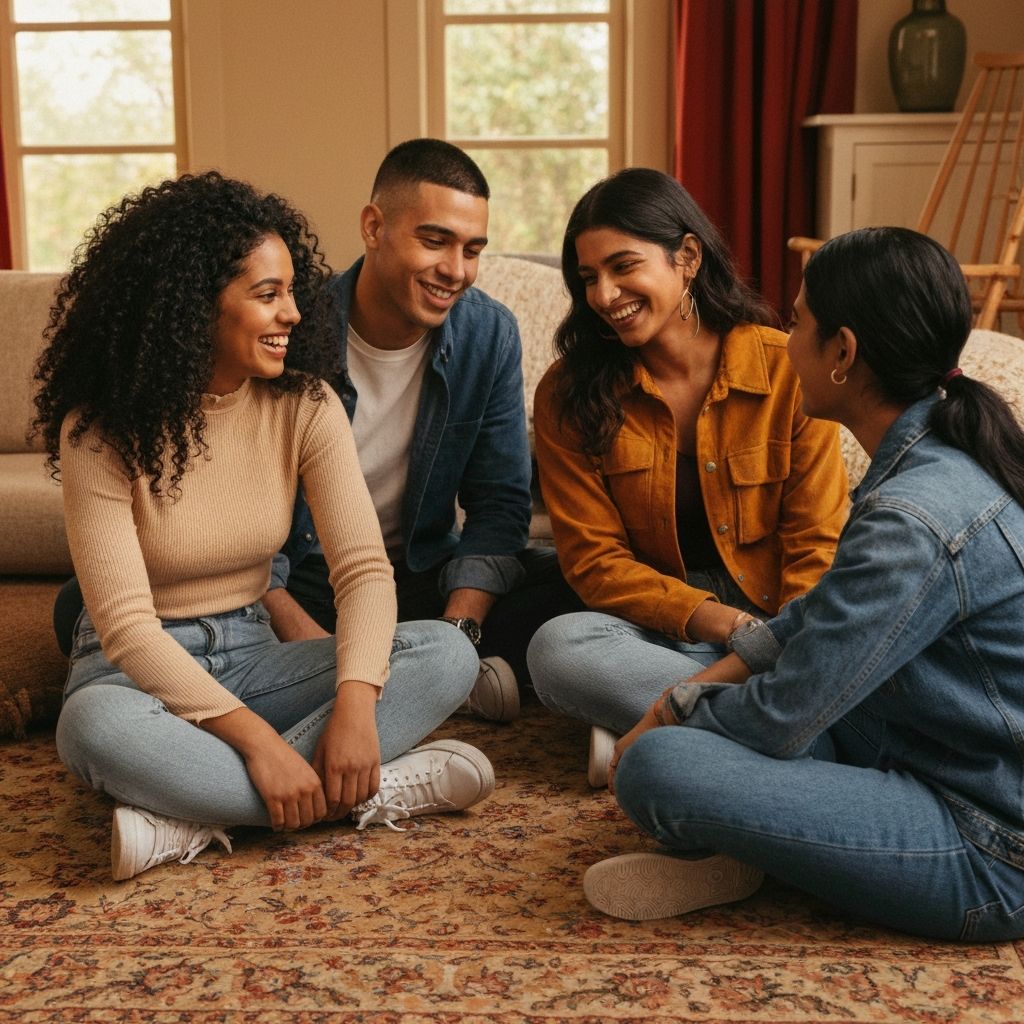 Diverse group of smiling teenagers representing positive mental health and teen counselling success